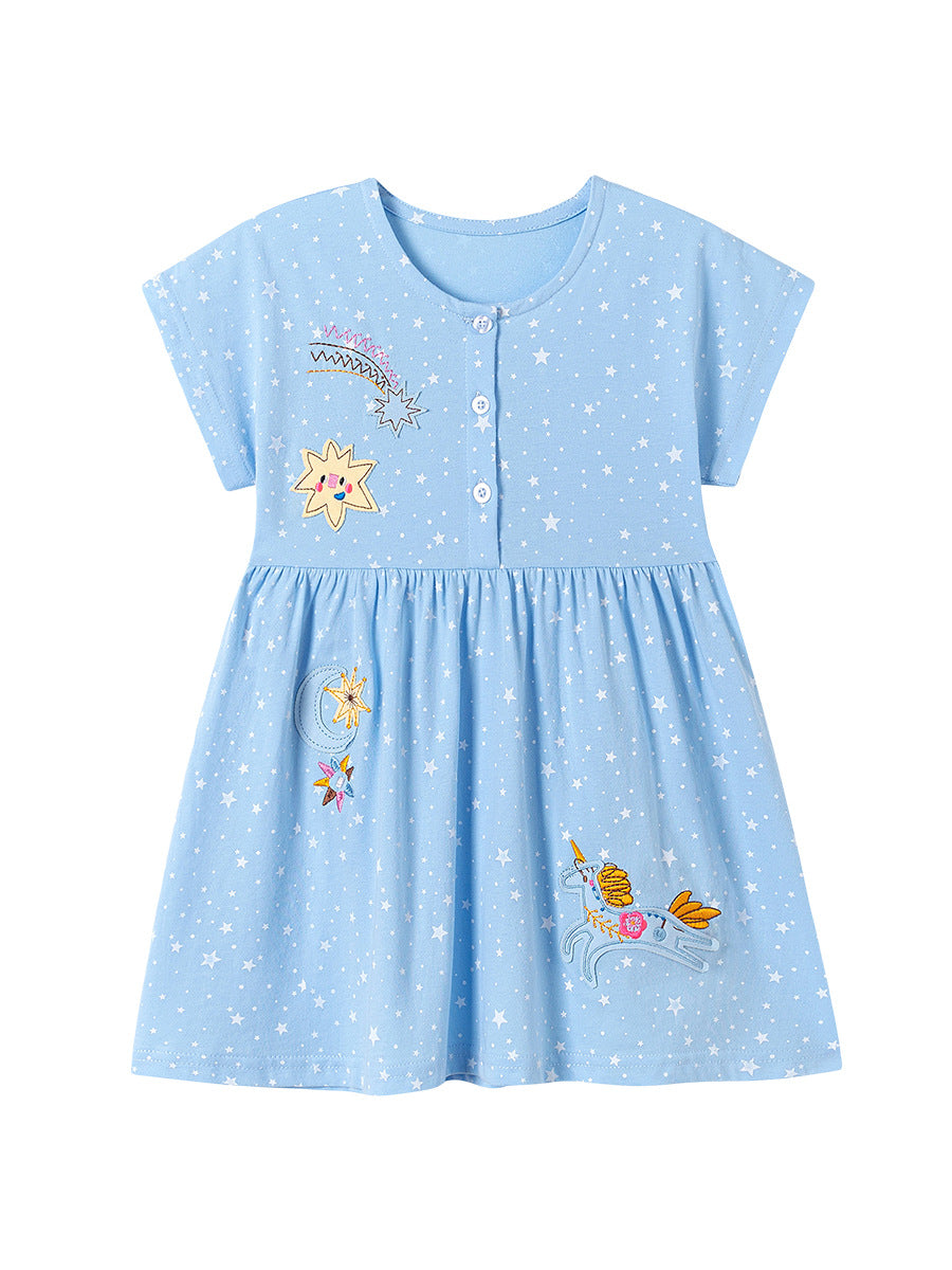 Wholesale Girls Blue Star Print Short Sleeve Dress Cute Unicorn Embroidery Kids Summer Casual Dress Bulk Supplier