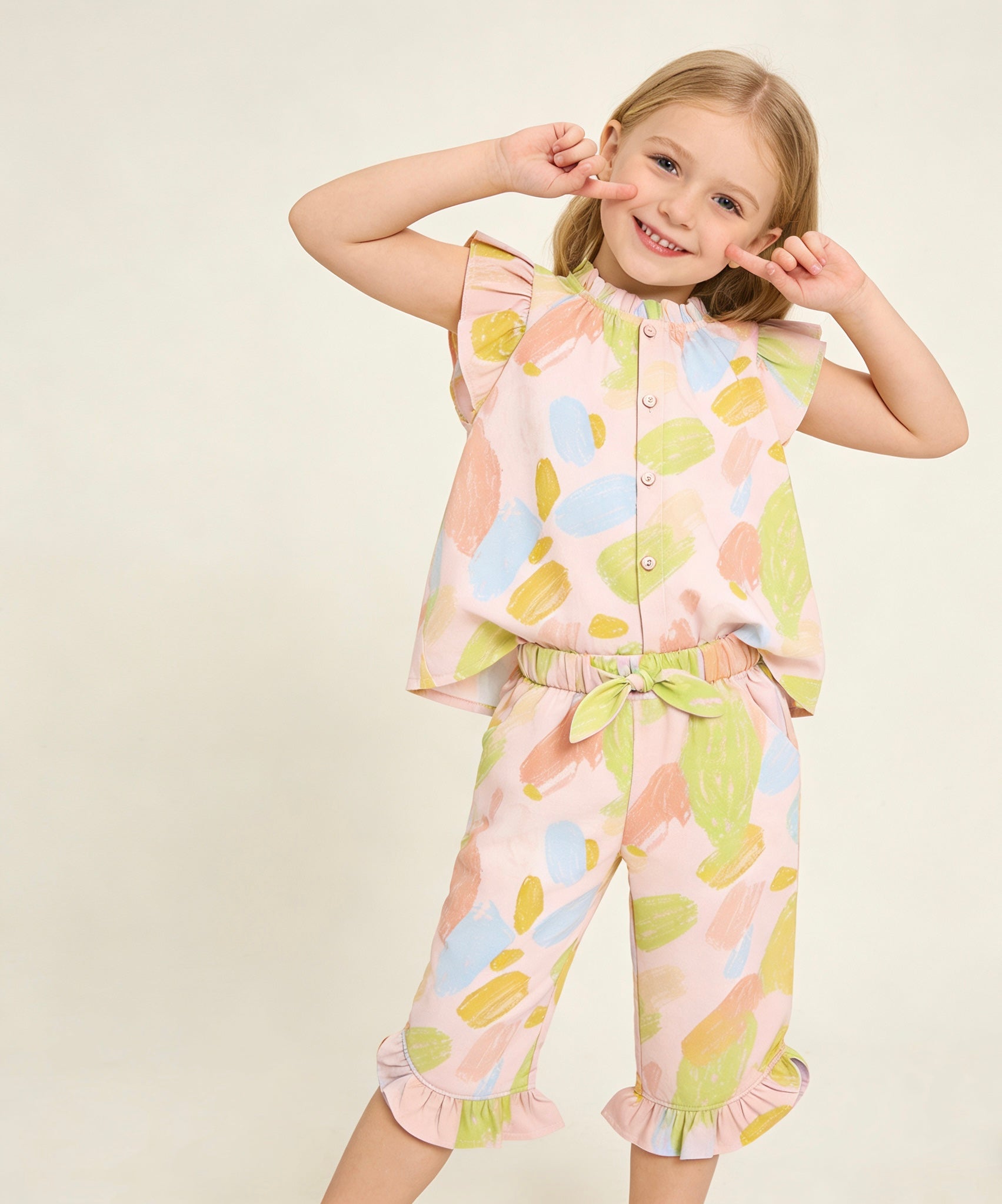 Wholesale Girls Watercolor Abstract Romper - Boutique Ruffle Neck Summer Jumpsuit