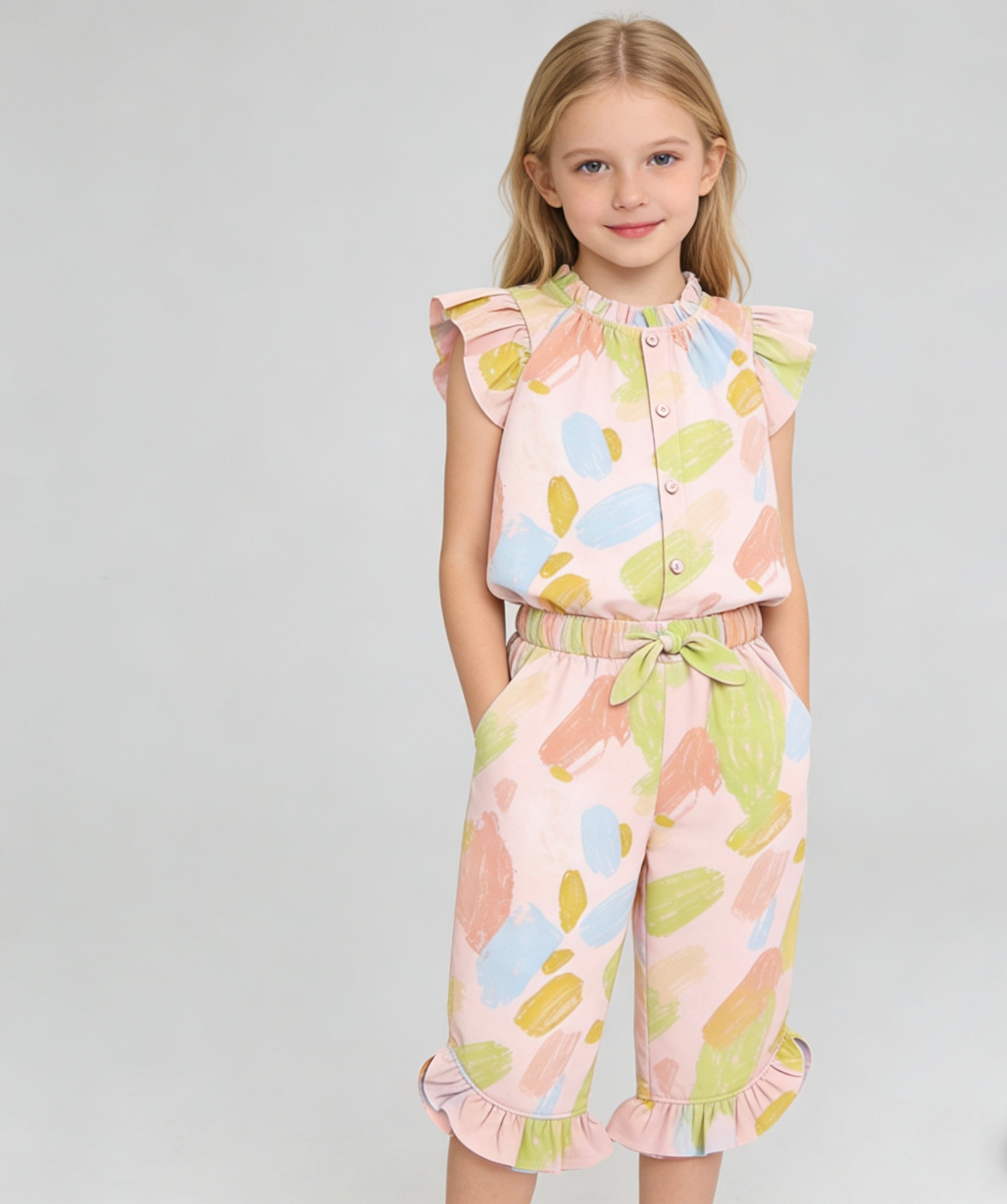 Wholesale Girls Watercolor Abstract Romper - Boutique Ruffle Neck Summer Jumpsuit