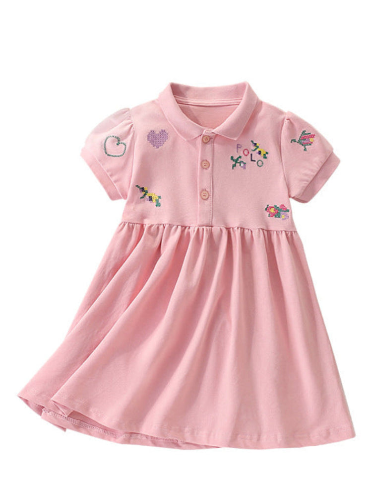 Wholesale Girls Pink Polo Collar Dress Short Sleeve Embroidered Kids Casual Dress Bulk Supplier