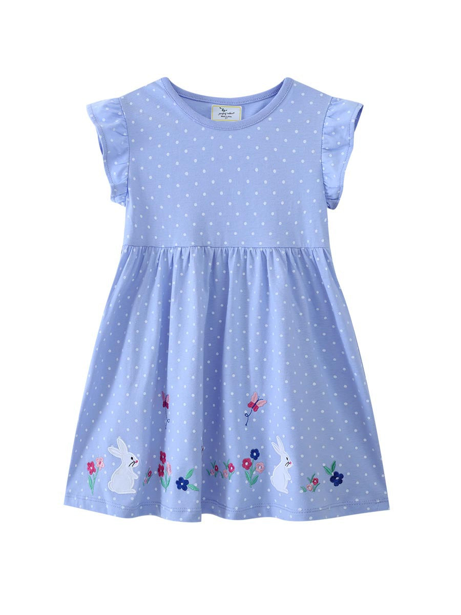 Wholesale Girls Blue Polka Dot Sleeveless Dress Cute Rabbit Embroidery Kids Summer Casual Dress Bulk Supply