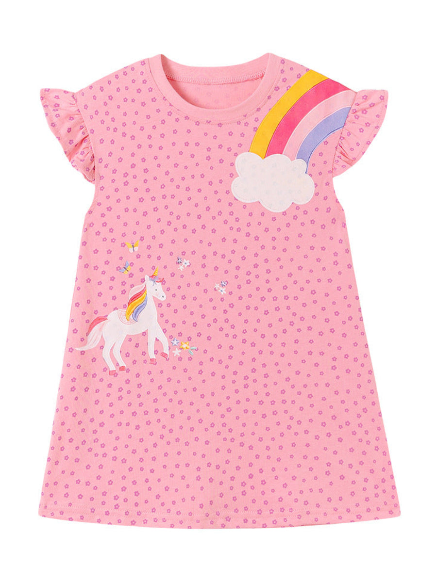 Wholesale Toddler Unicorn Rainbow Short Sleeve Dress Supplier | Boutique Kids Casual Apparel