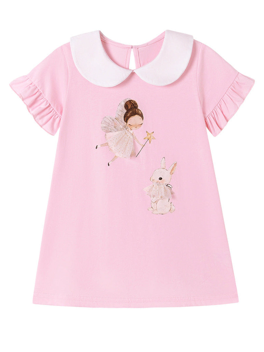 Wholesale Toddler Fairy Bunny Print Short Sleeve Dress Supplier | Boutique Kids Peter Pan Collar Dress