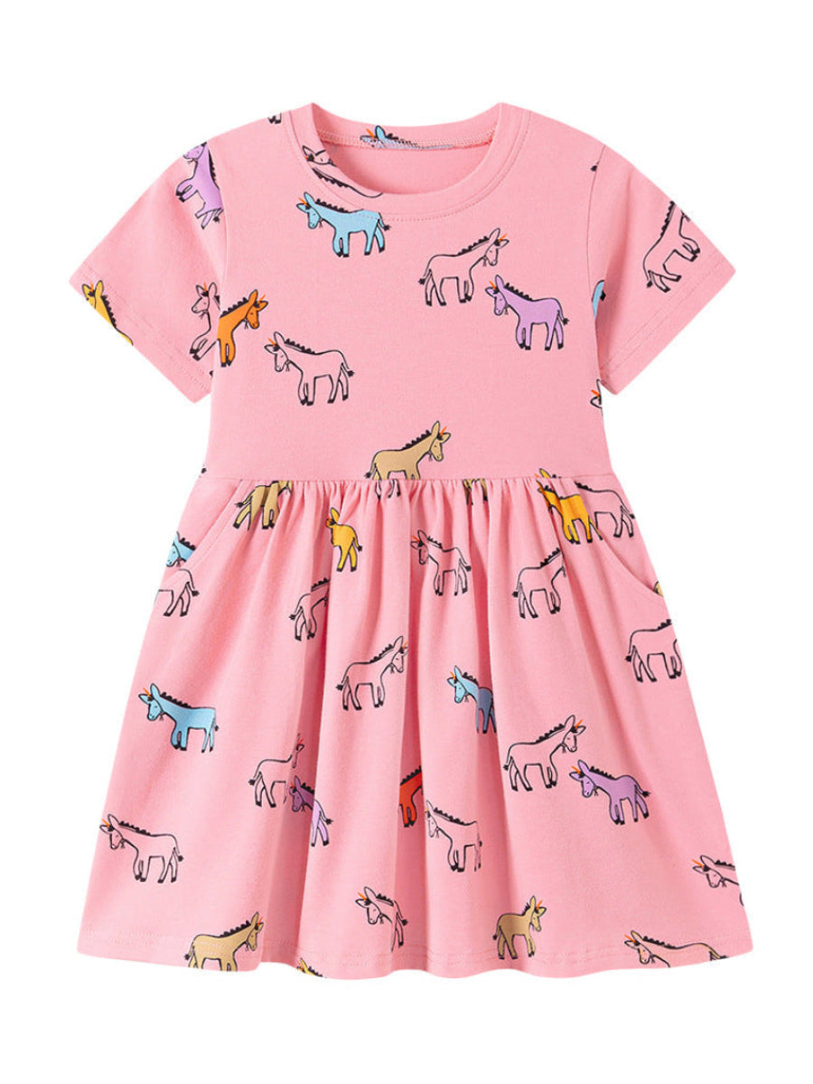 Wholesale Toddler Short‑Sleeve Dress Supplier | Kids Colorful Pony Print Casual Dress