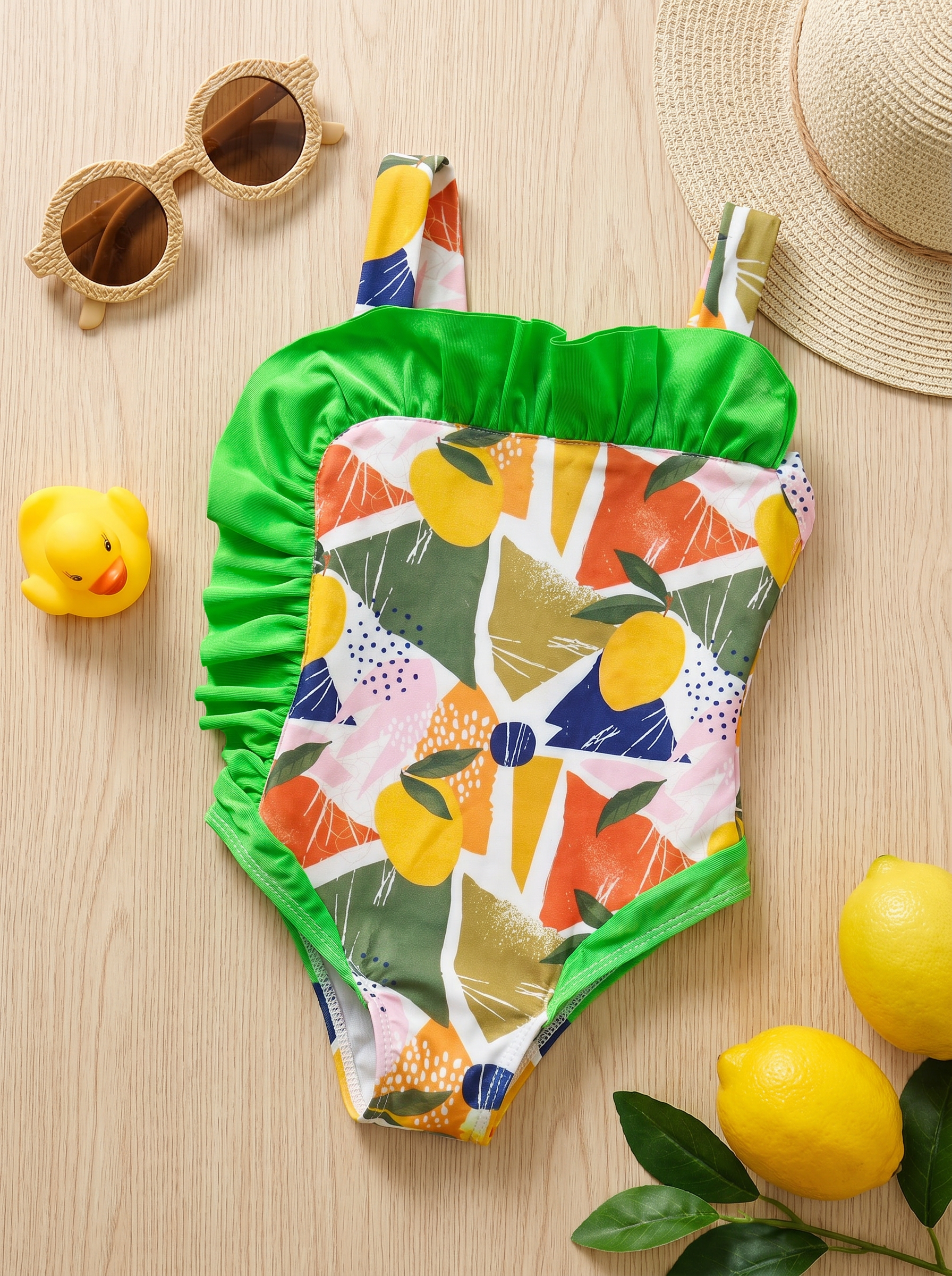 Girls Lemon Print One Piece Swimsuit