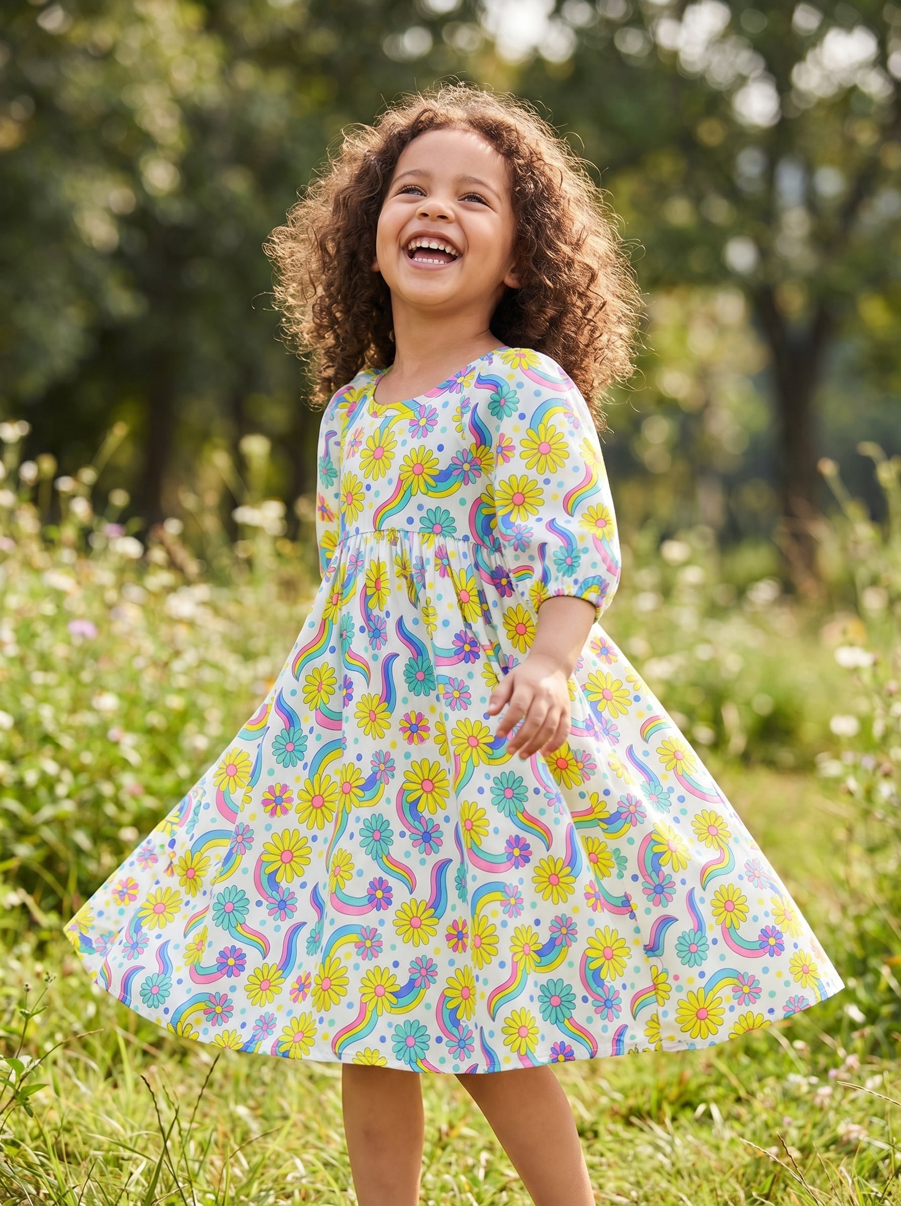 Wholesale Rainbow Daisy Girls Dress Puff Sleeve A-Line Summer Toddler Dress Custom OEM