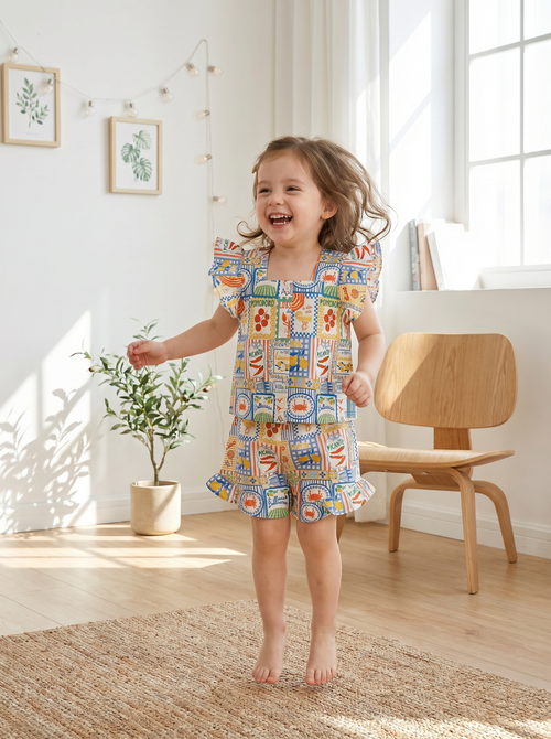 Boutique Girls Mediterranean Print Summer Ruffle Set - Wholesale 2-Piece Coordinates