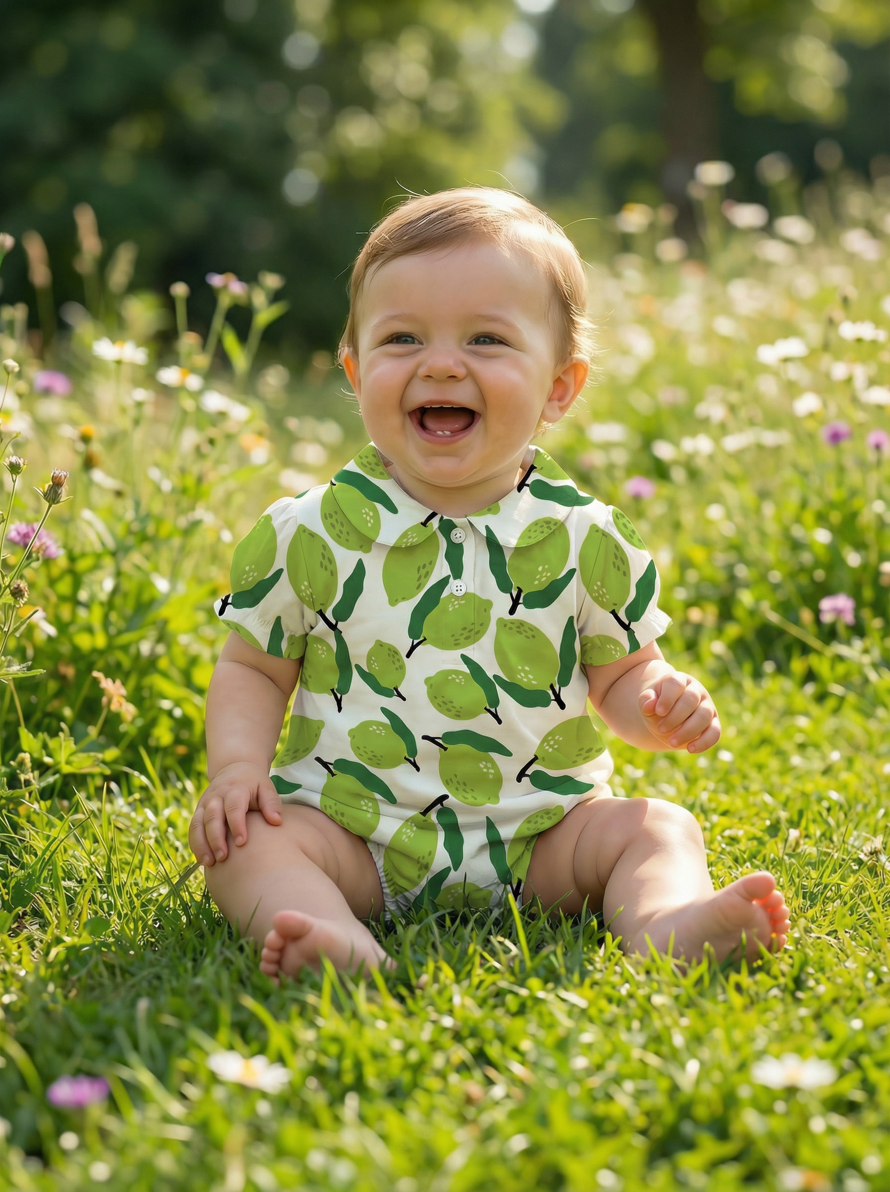Wholesale Lime Print Baby Romper Peter Pan Collar Short Sleeve Infant Bubble Bodysuit Custom OEM Summer