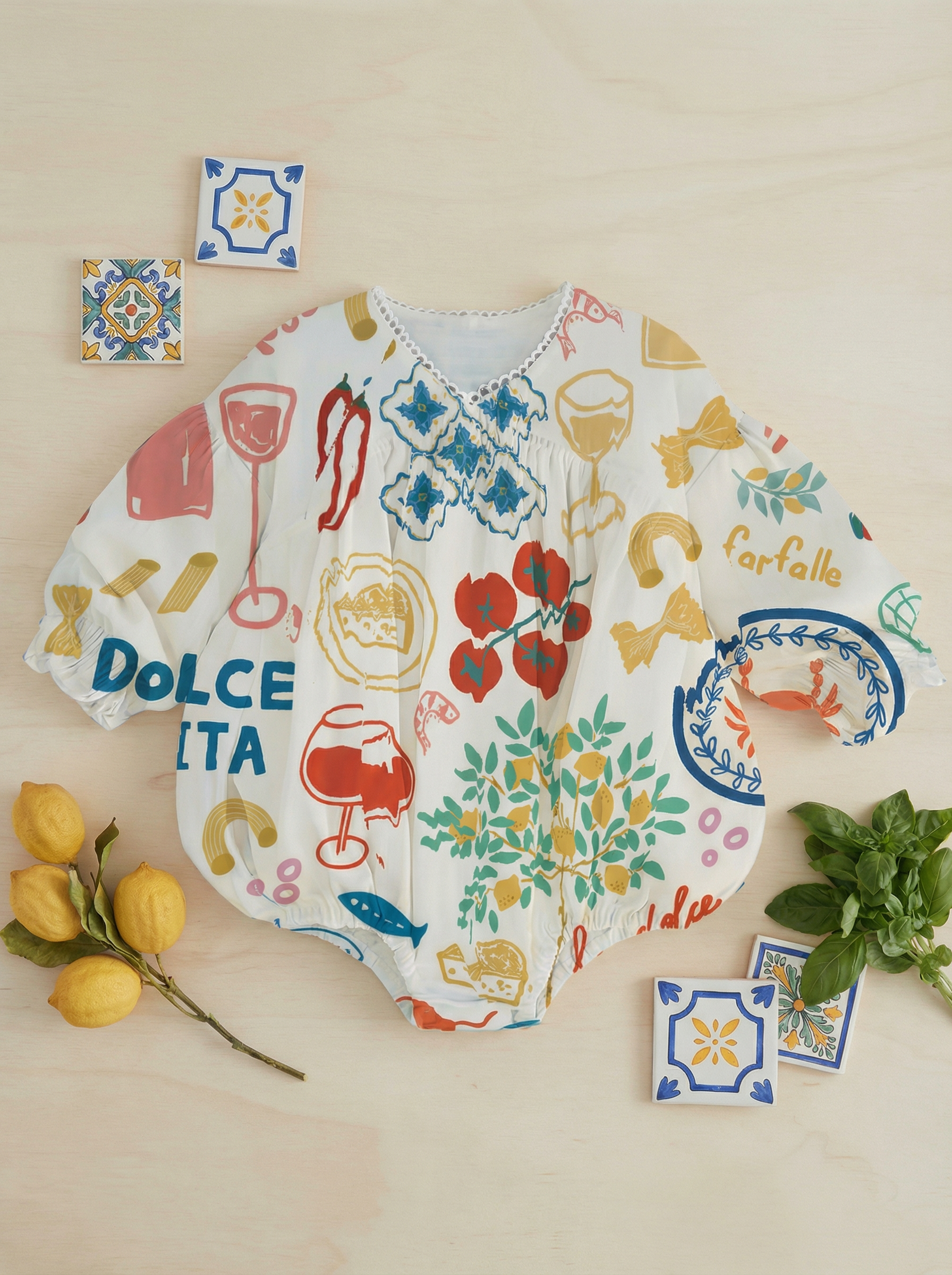 Wholesale Italian Food Print Baby Romper Long Sleeve Bubble Infant Bodysuit Custom OEM Spring Autumn