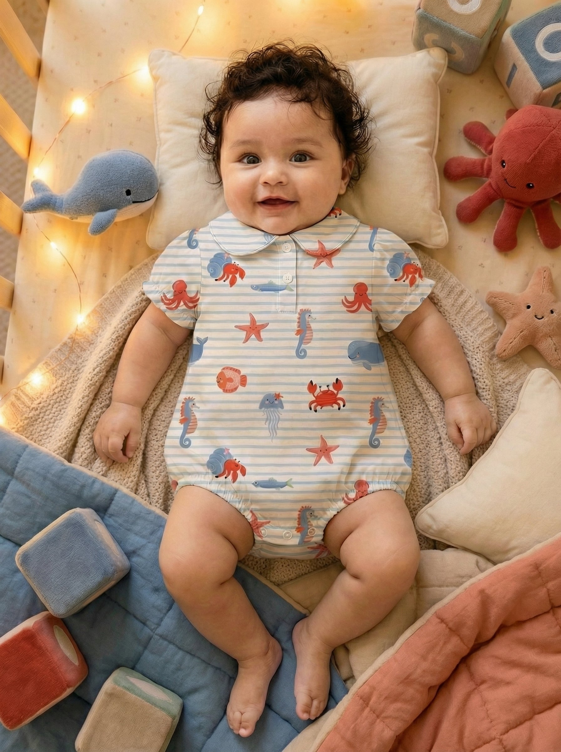 Wholesale Coastal Striped Baby Romper - Ocean Print Infant Bodysuit