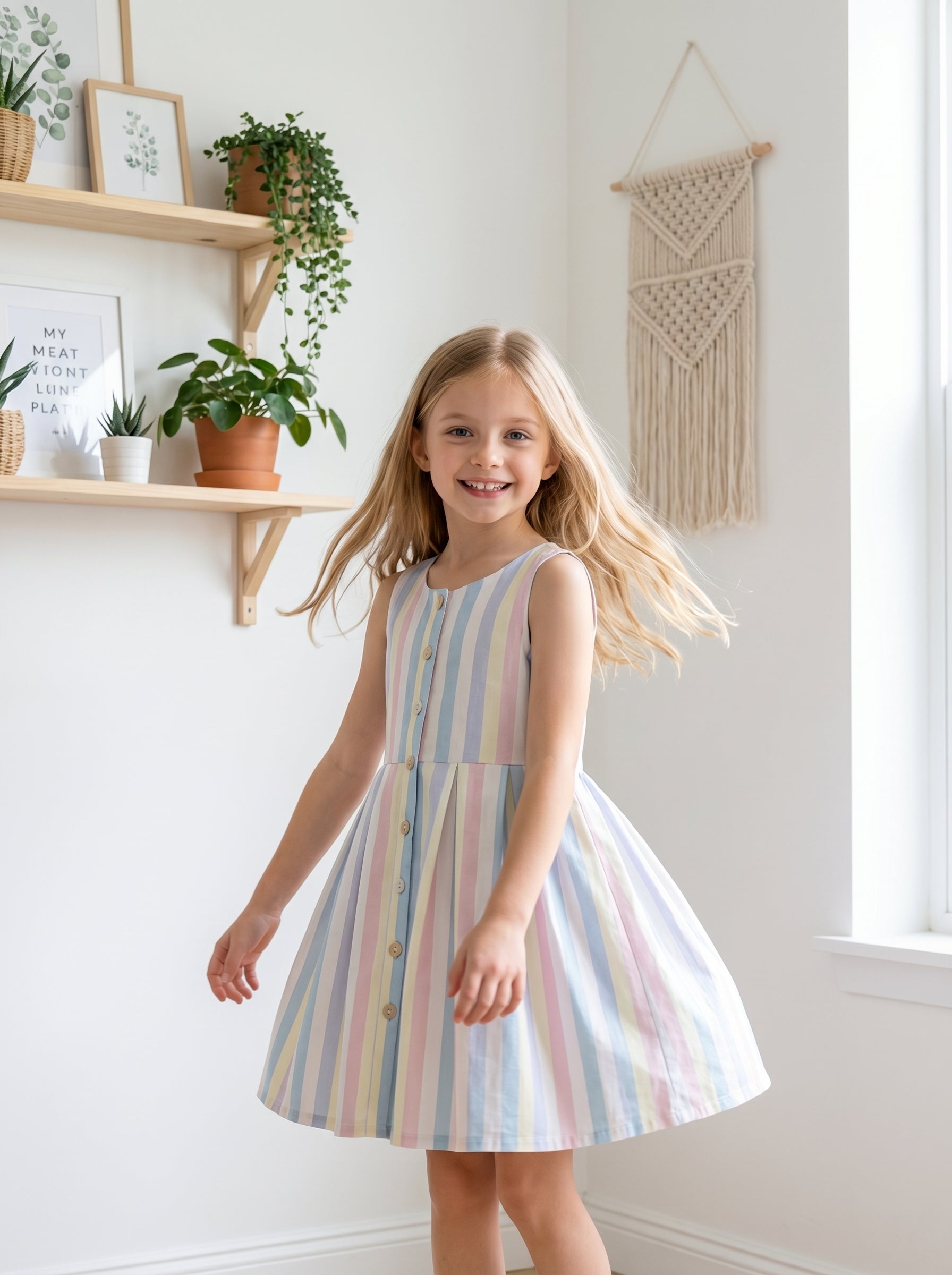 Wholesale Pastel Stripe Girls Dress Sleeveless Button Front A-Line Summer Toddler Dress Custom OEM