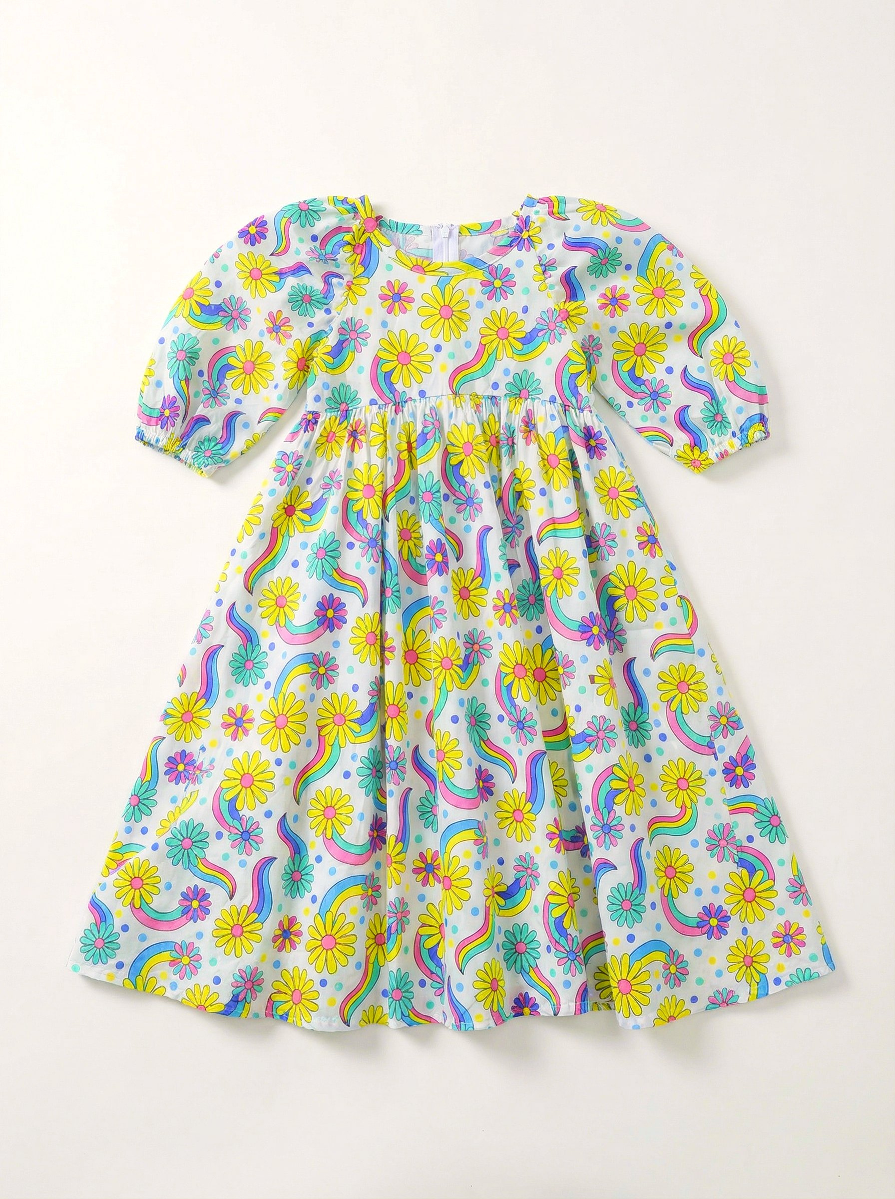 Wholesale Rainbow Daisy Girls Dress Puff Sleeve A-Line Summer Toddler Dress Custom OEM