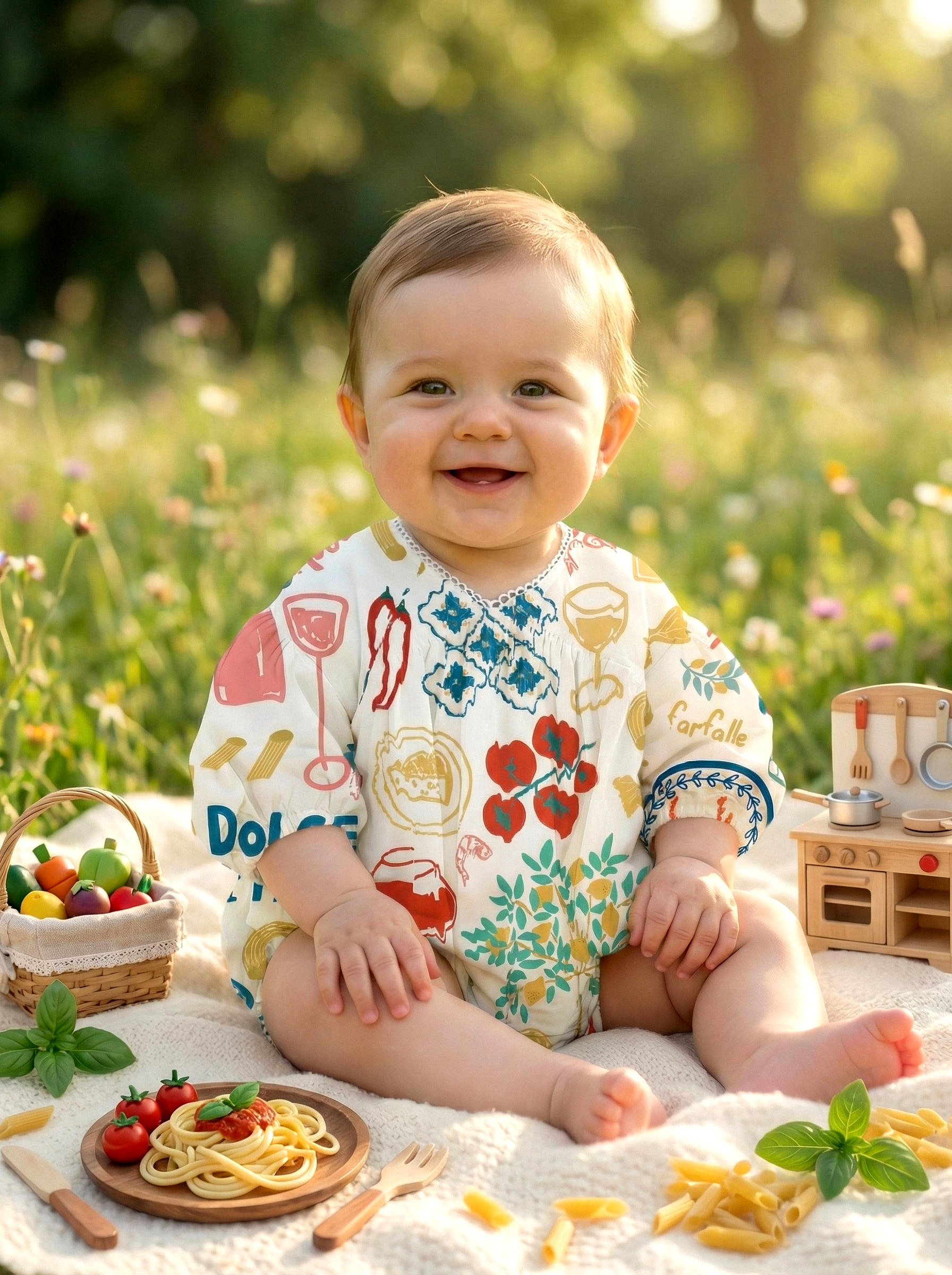 Wholesale Italian Food Print Baby Romper Long Sleeve Bubble Infant Bodysuit Custom OEM Spring Autumn