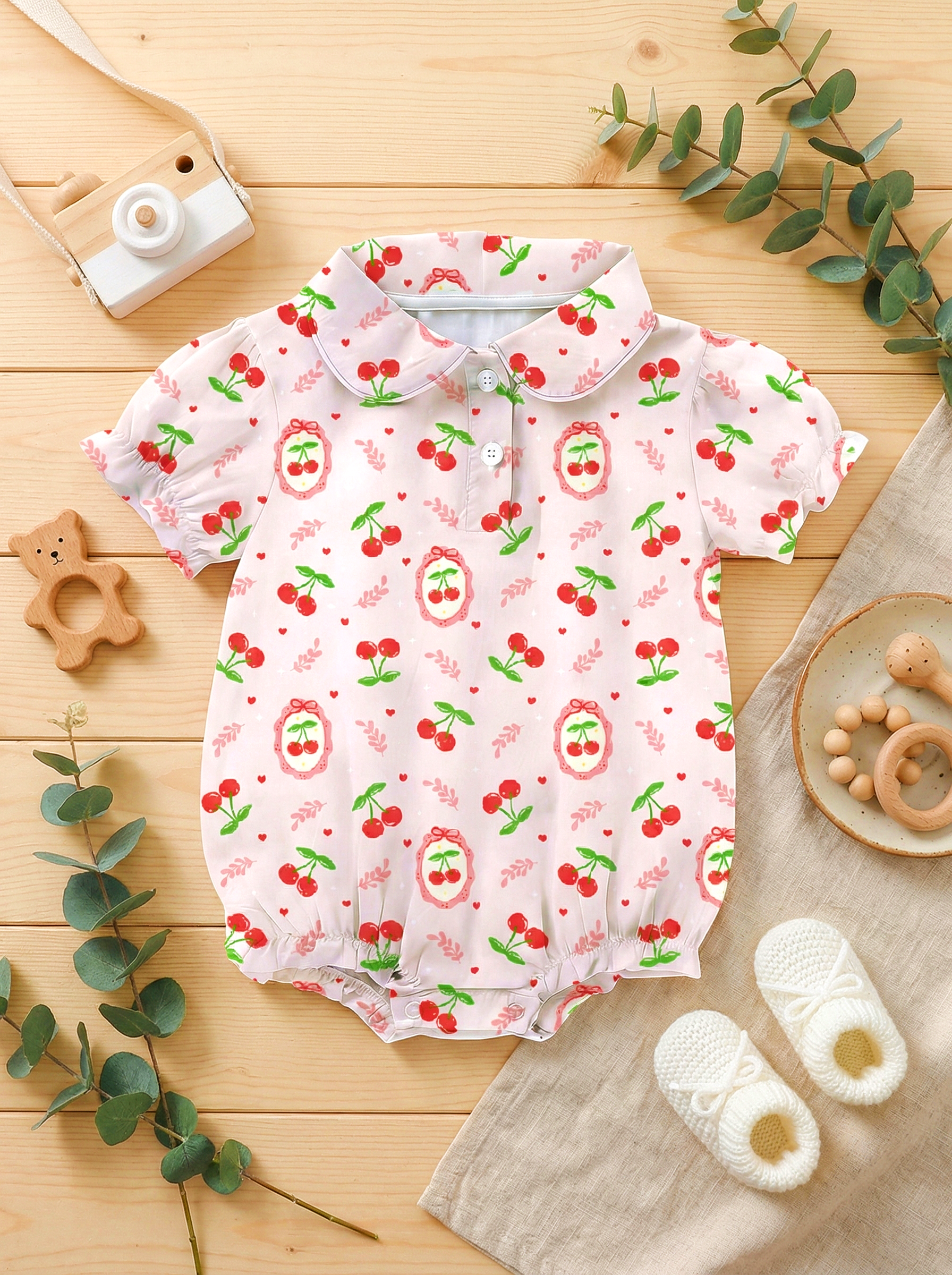 Wholesale Cherry Print Baby Romper - Classic Peter Pan Collar Infant Bodysuit