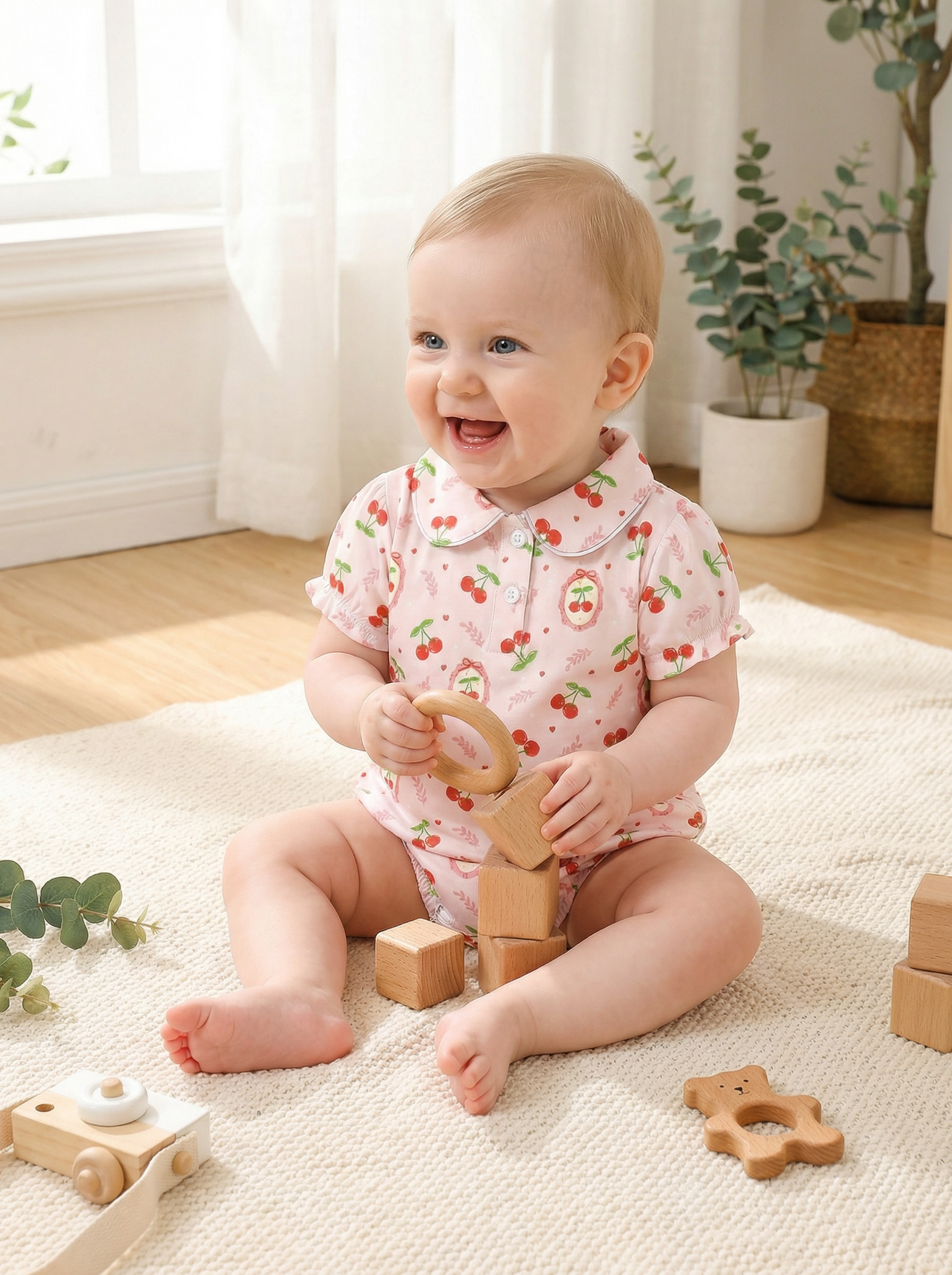 Wholesale Cherry Print Baby Romper - Classic Peter Pan Collar Infant Bodysuit