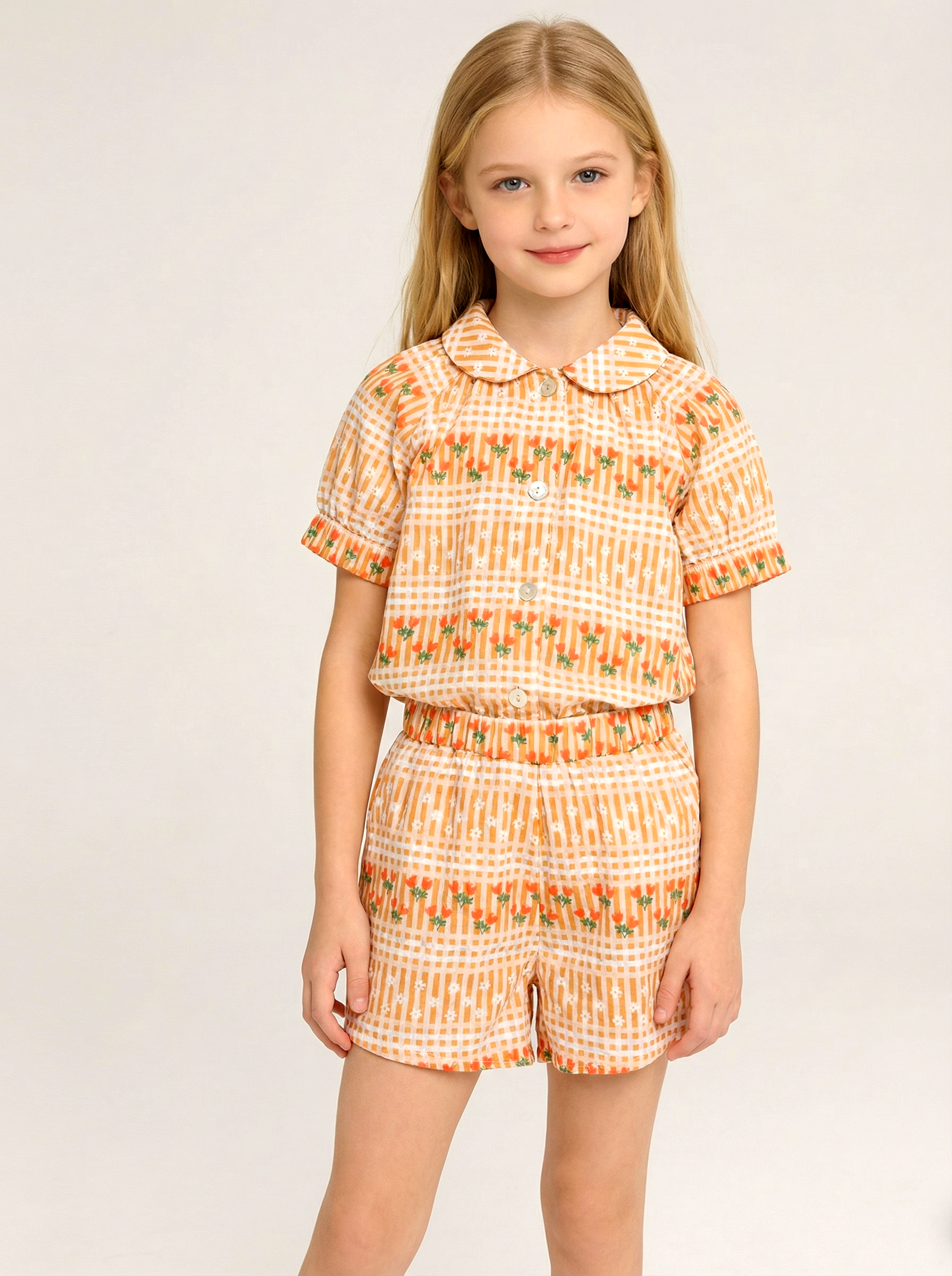 Wholesale Girls Vintage Gingham Floral Set - Boutique Summer Loungewear Coordinates