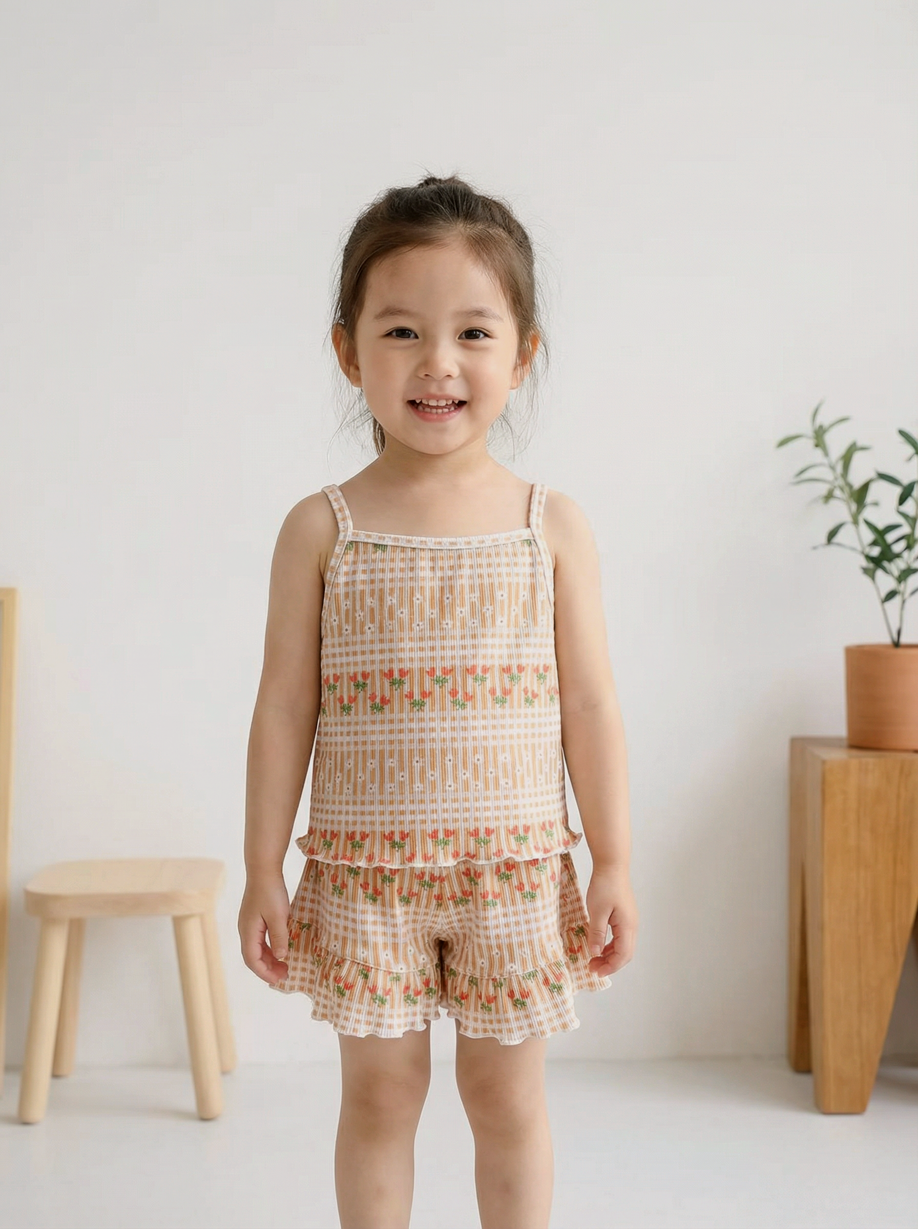 Wholesale Girls Vintage Floral Gingham Cami Set - Boutique Ruffle Summer Loungewear