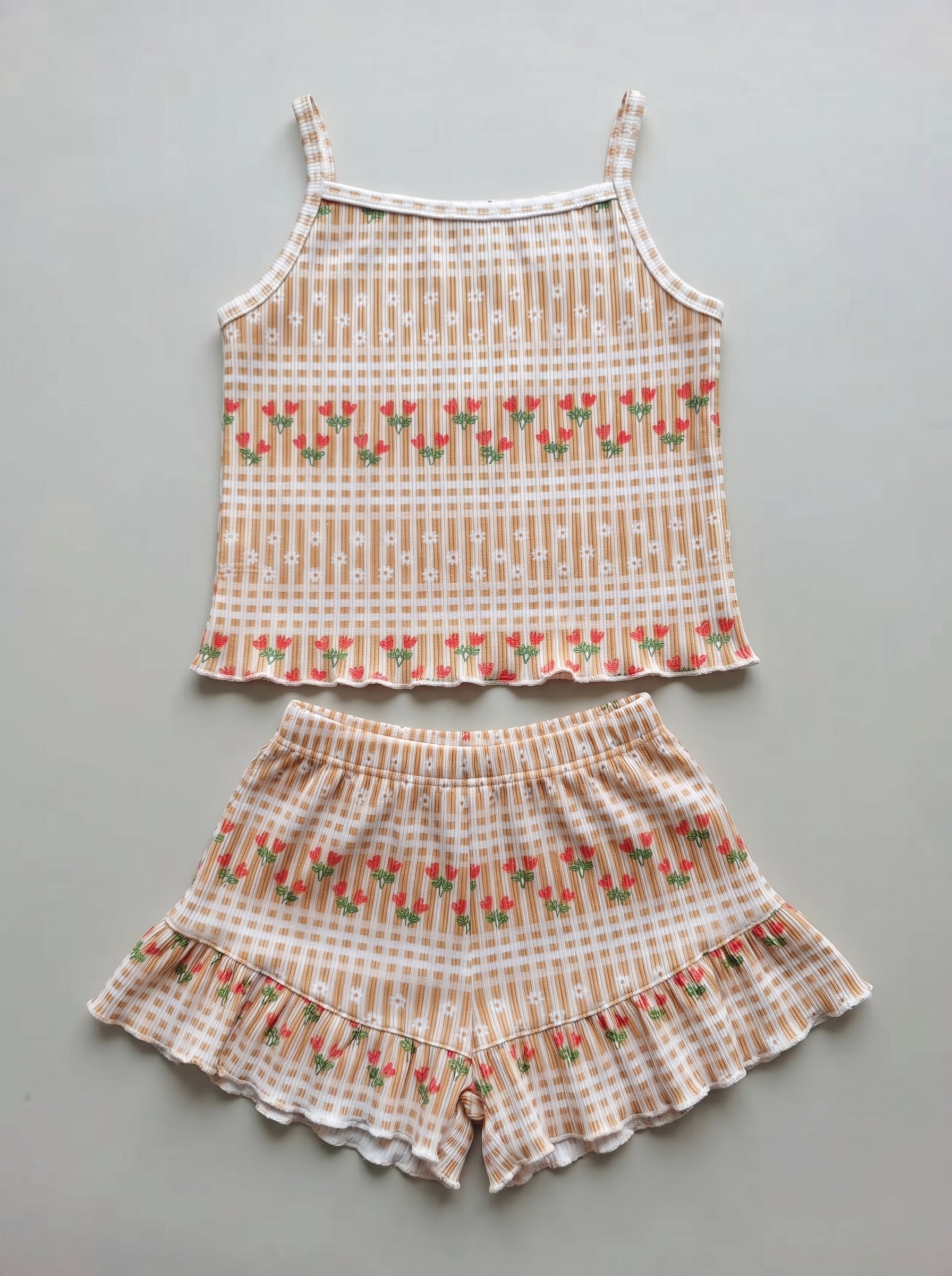 Wholesale Girls Vintage Floral Gingham Cami Set - Boutique Ruffle Summer Loungewear