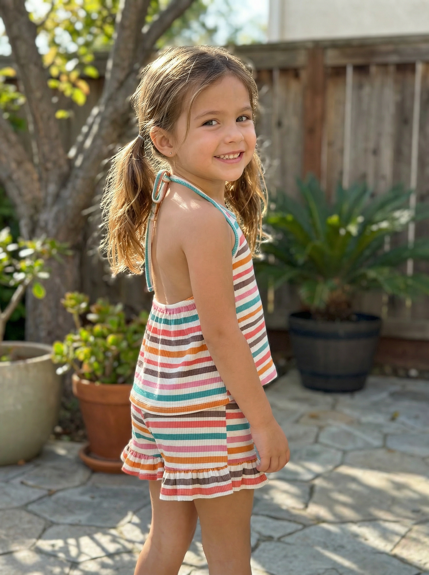 Wholesale Girls Retro Striped Halter Set - Boutique Summer Ruffle 2-Piece Shorts Set