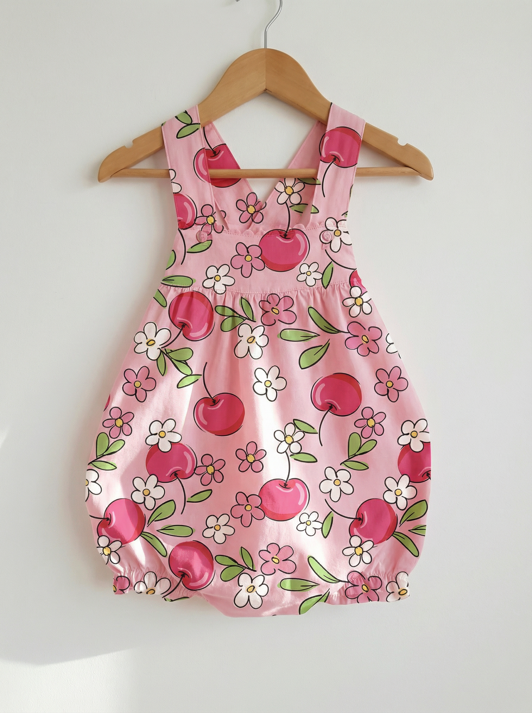 Wholesale Pink Cherry Pinafore Romper - Retro Boutique Infant Bodysuit