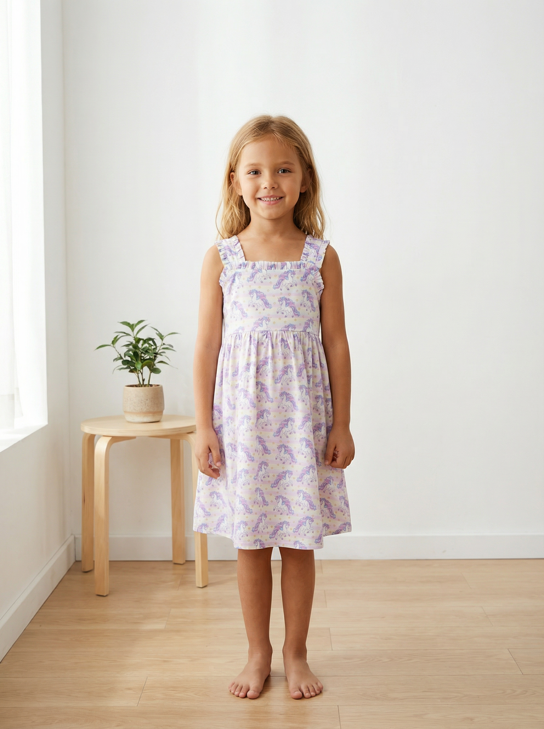 Wholesale Unicorn Print Girls Dress Sleeveless Ruffle Strap Summer Kids Dress Toddler Custom OEM
