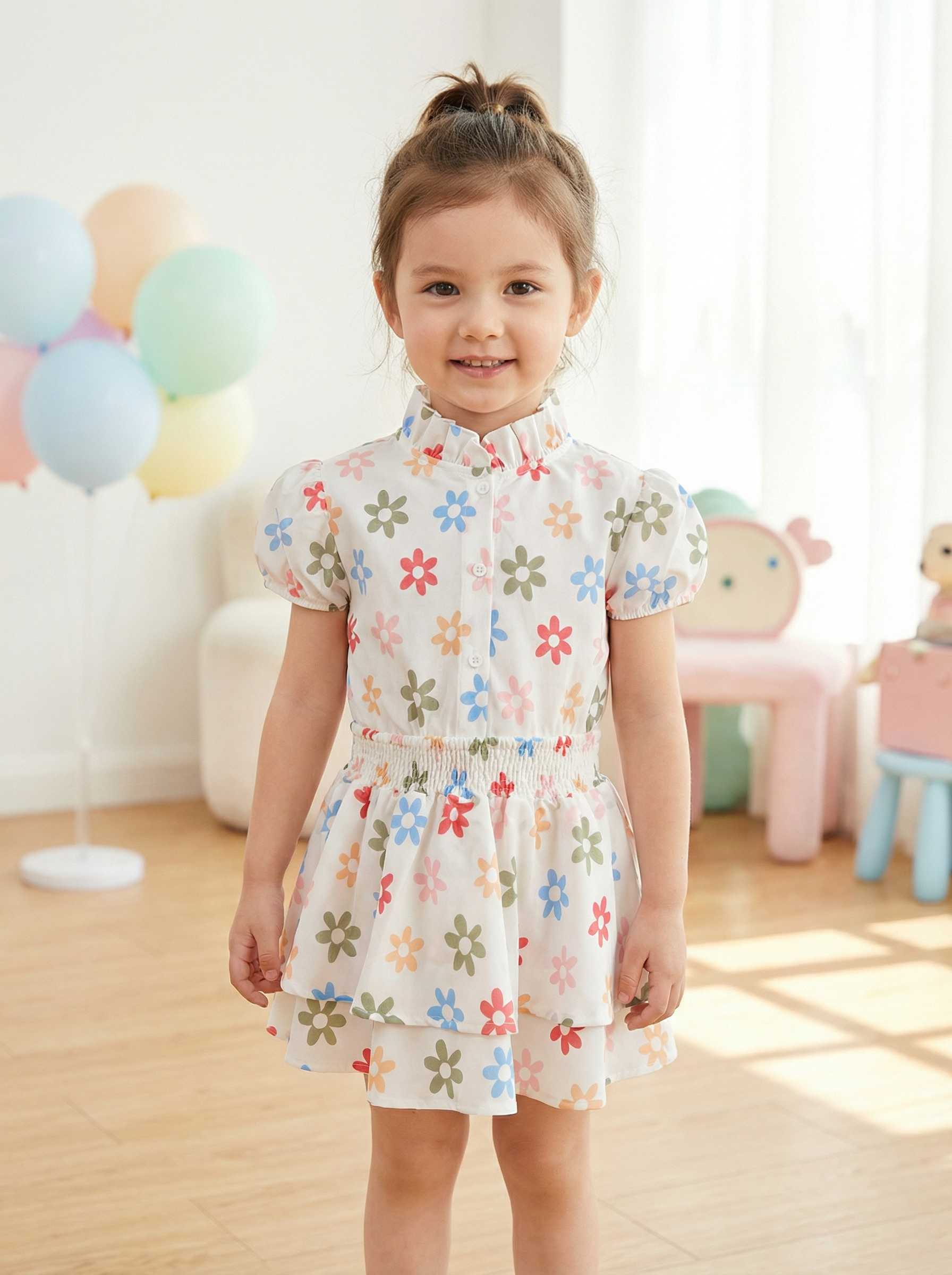 Wholesale Baby Girl Floral Dress Puff Sleeve Tiered Sundress Infant Toddler Summer Custom OEM