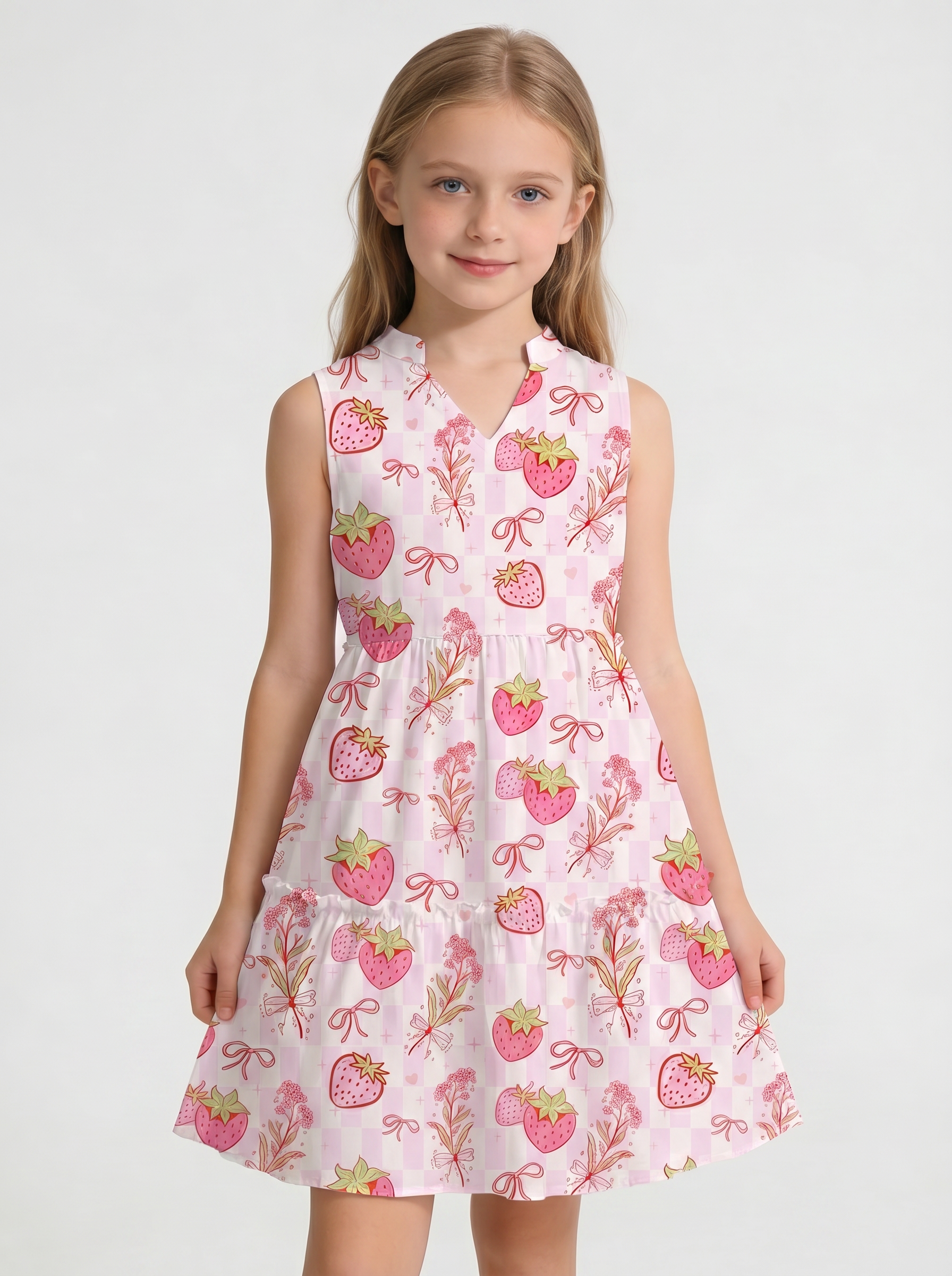 Wholesale Strawberry Print Girls Dress Sleeveless V-Neck A-Line Summer Toddler Dress Custom OEM