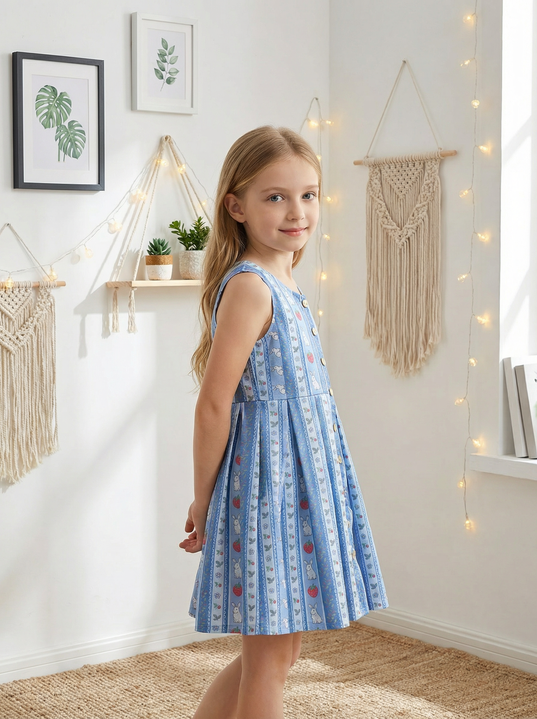 Wholesale Strawberry Bunny Girls Dress Sleeveless Button Front A-Line Summer Toddler Dress Custom OEM