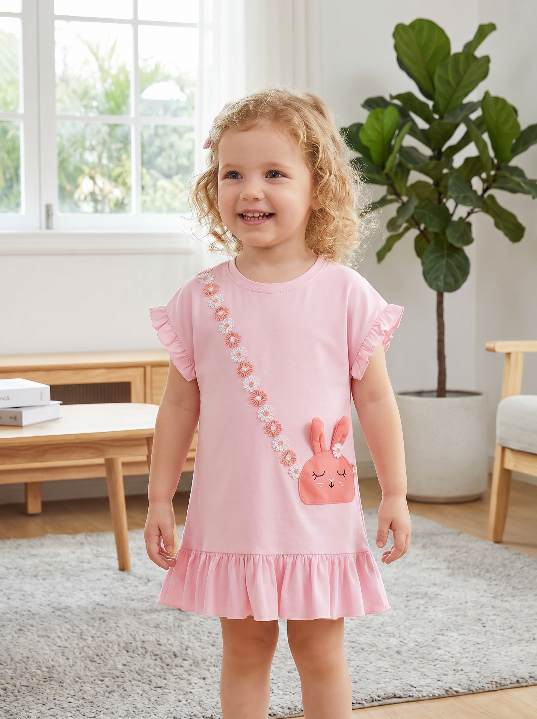 Wholesale Toddler Short‑Sleeve Dress Supplier | Kids Bunny Patch Floral Boutique Dress