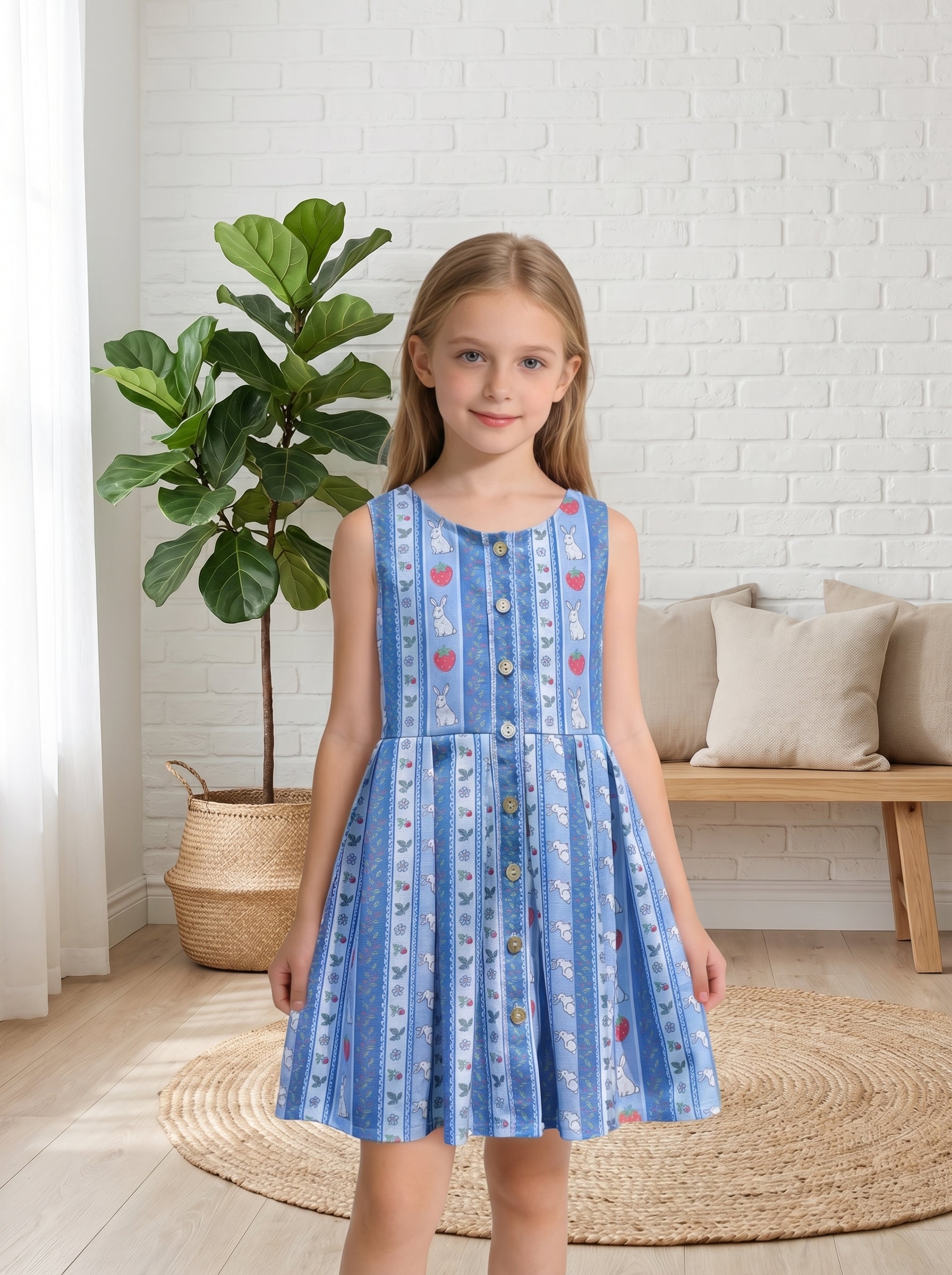 Wholesale Strawberry Bunny Girls Dress Sleeveless Button Front A-Line Summer Toddler Dress Custom OEM