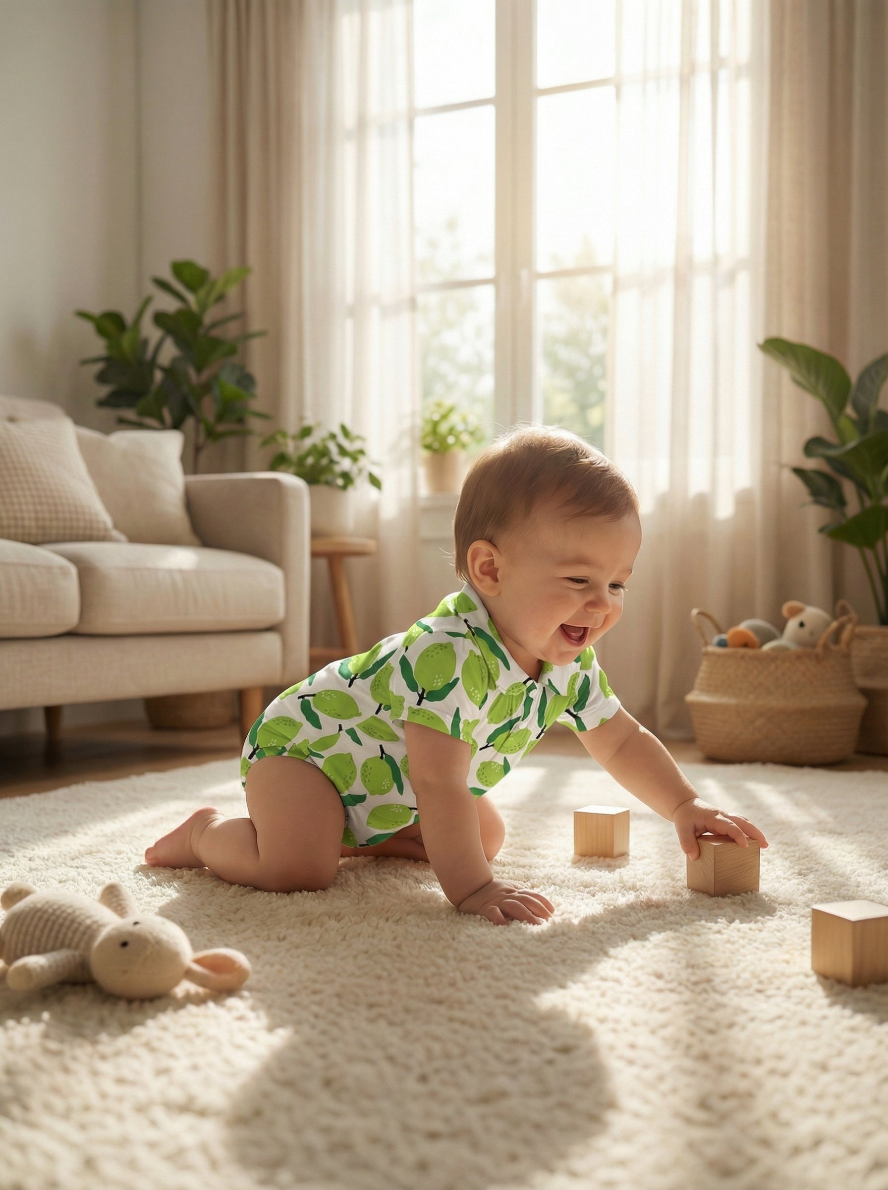 Wholesale Lime Print Baby Romper Peter Pan Collar Short Sleeve Infant Bubble Bodysuit Custom OEM Summer