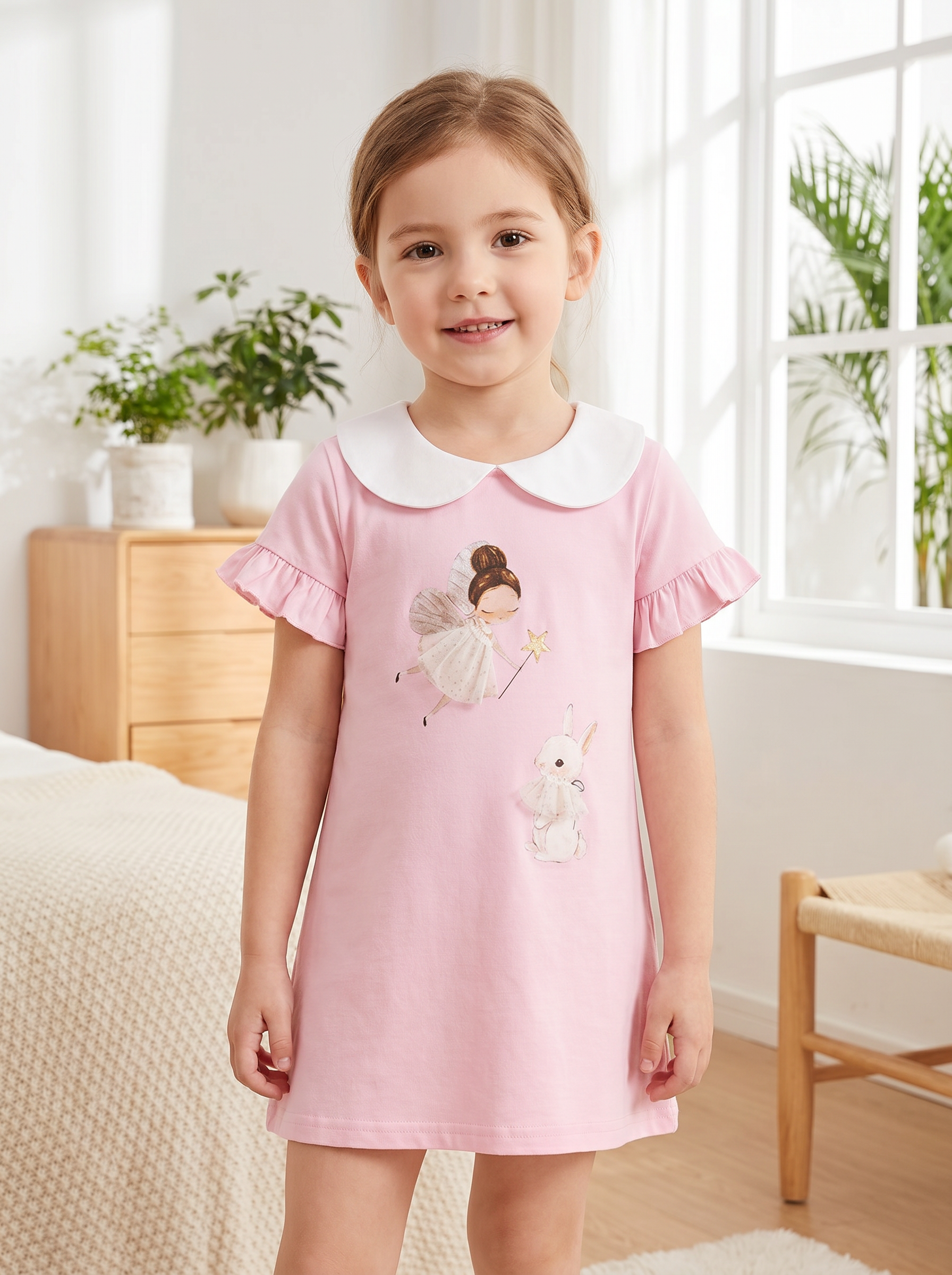 Wholesale Toddler Fairy Bunny Print Short Sleeve Dress Supplier | Boutique Kids Peter Pan Collar Dress