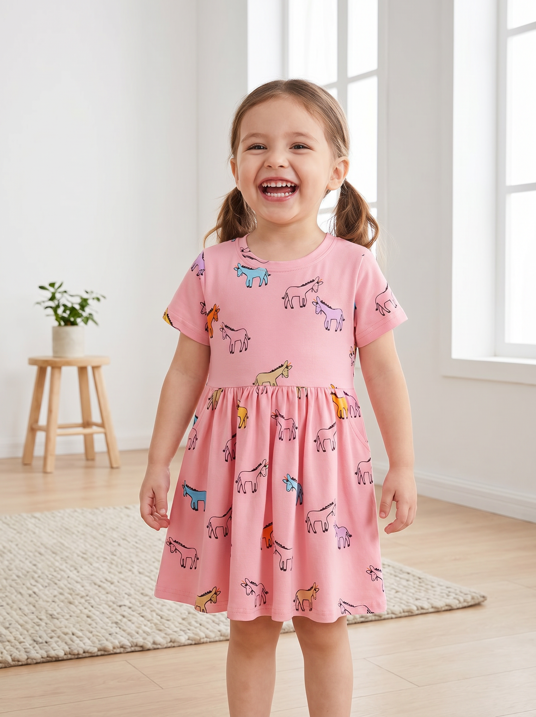 Wholesale Toddler Short‑Sleeve Dress Supplier | Kids Colorful Pony Print Casual Dress