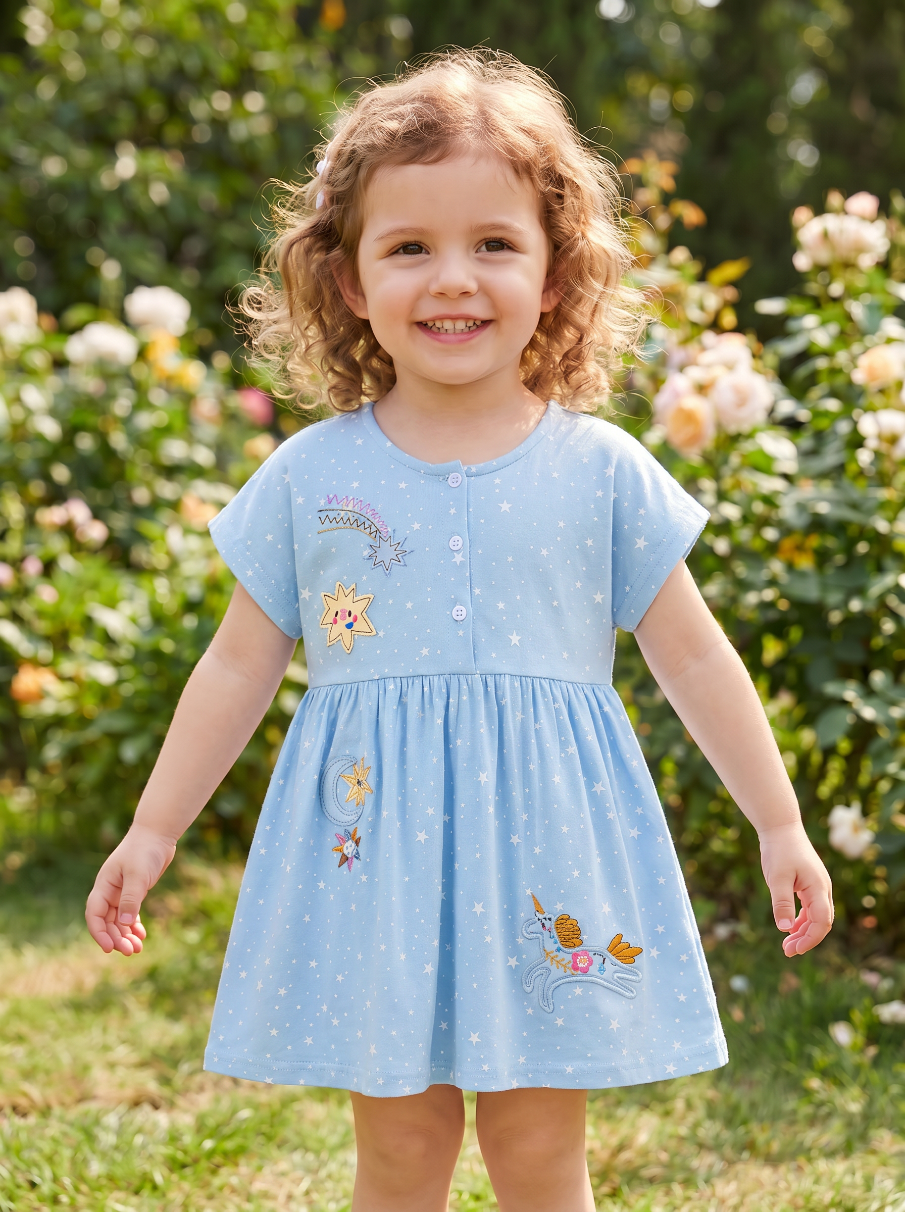 Wholesale Girls Blue Star Print Short Sleeve Dress Cute Unicorn Embroidery Kids Summer Casual Dress Bulk Supplier