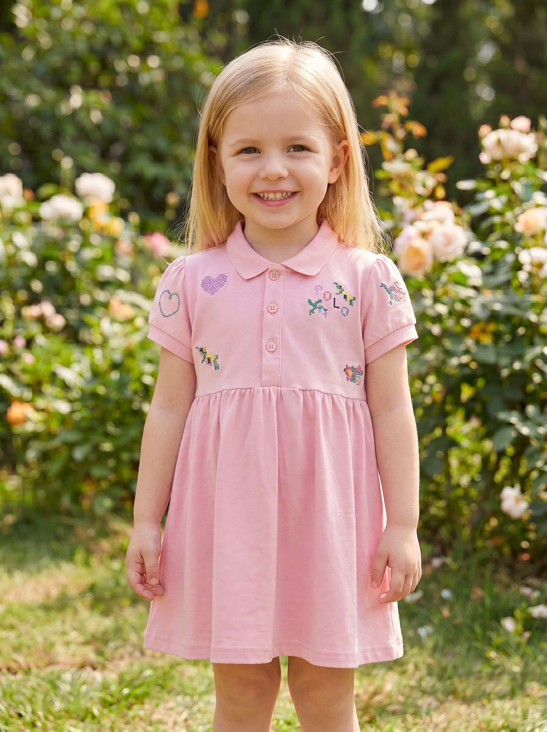 Wholesale Girls Pink Polo Collar Dress Short Sleeve Embroidered Kids Casual Dress Bulk Supplier
