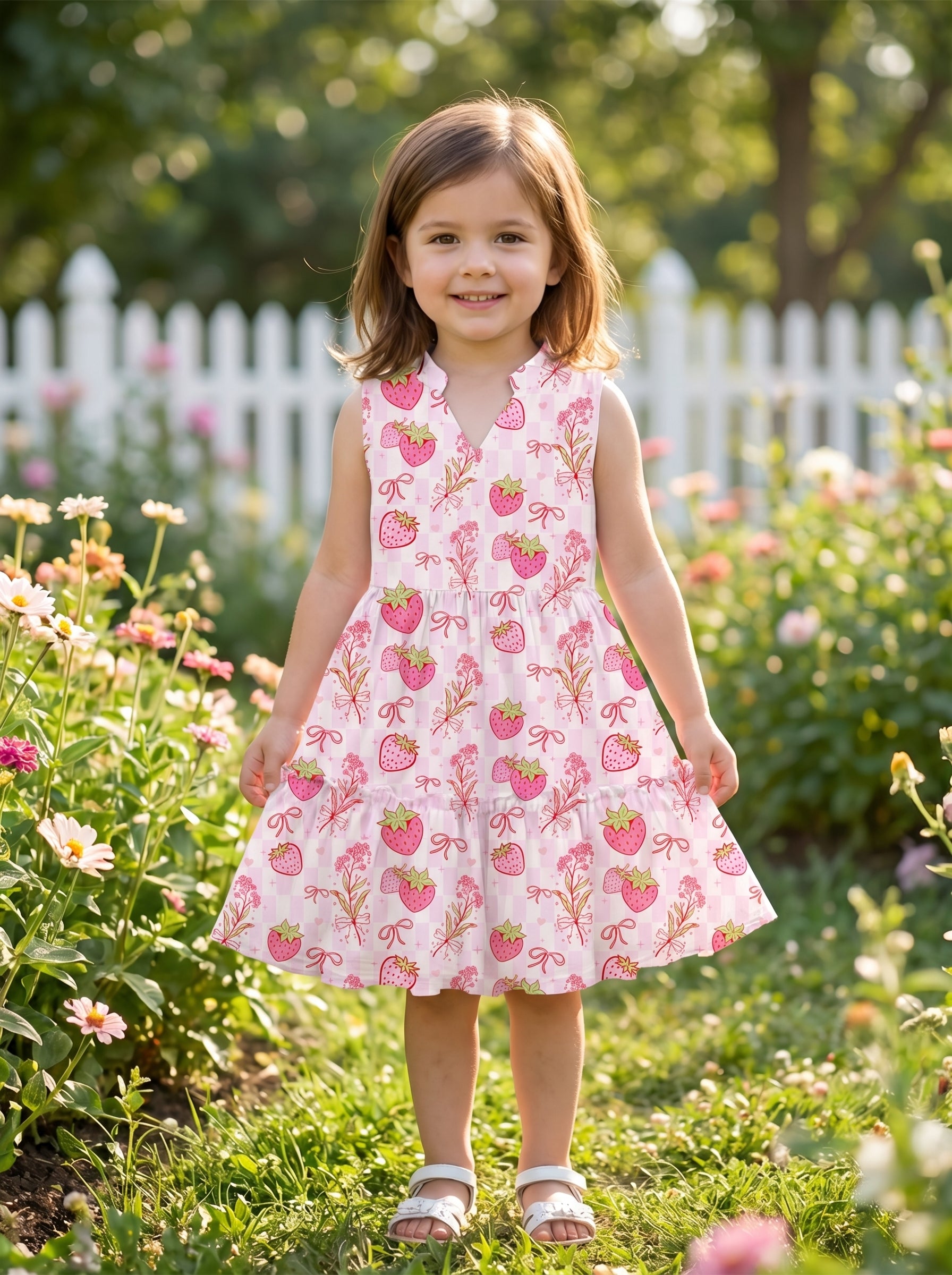 Wholesale Strawberry Print Girls Dress Sleeveless V-Neck A-Line Summer Toddler Dress Custom OEM
