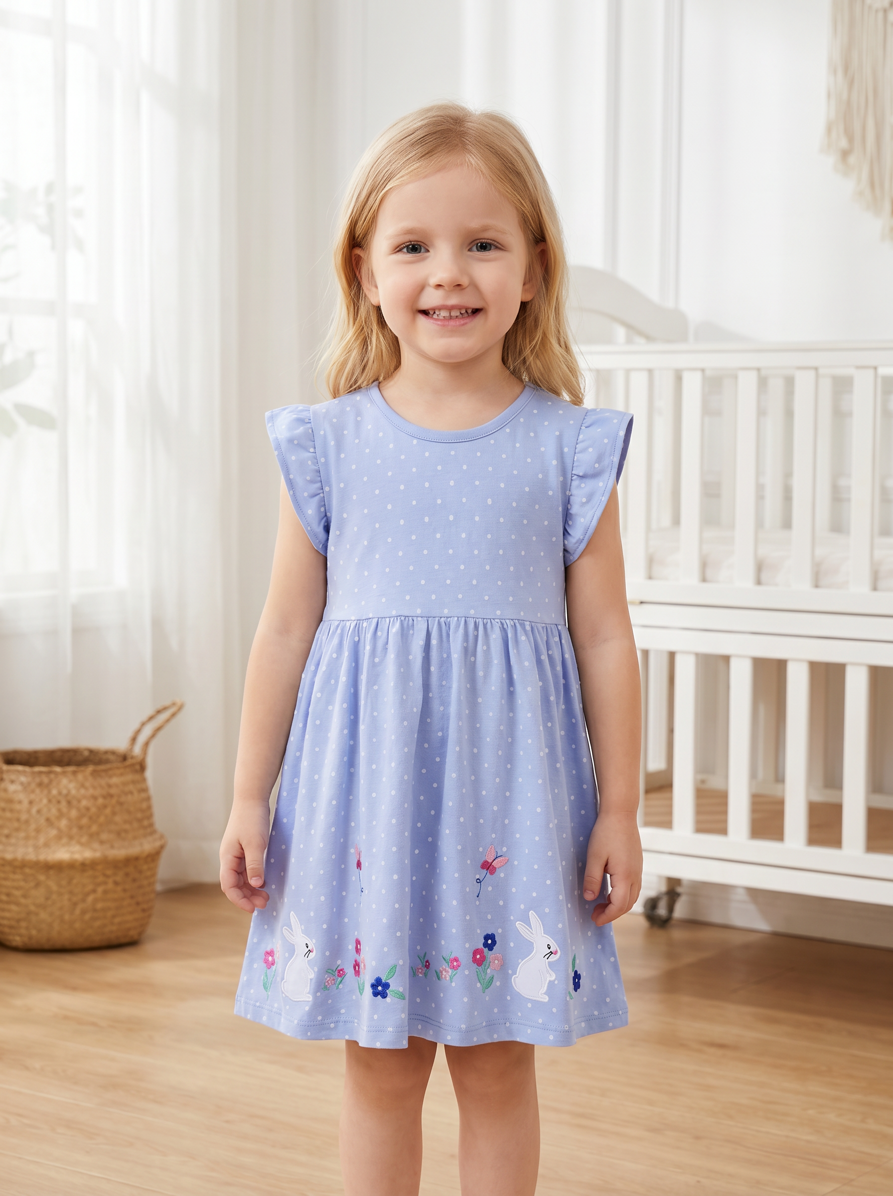 Wholesale Girls Blue Polka Dot Sleeveless Dress Cute Rabbit Embroidery Kids Summer Casual Dress Bulk Supply