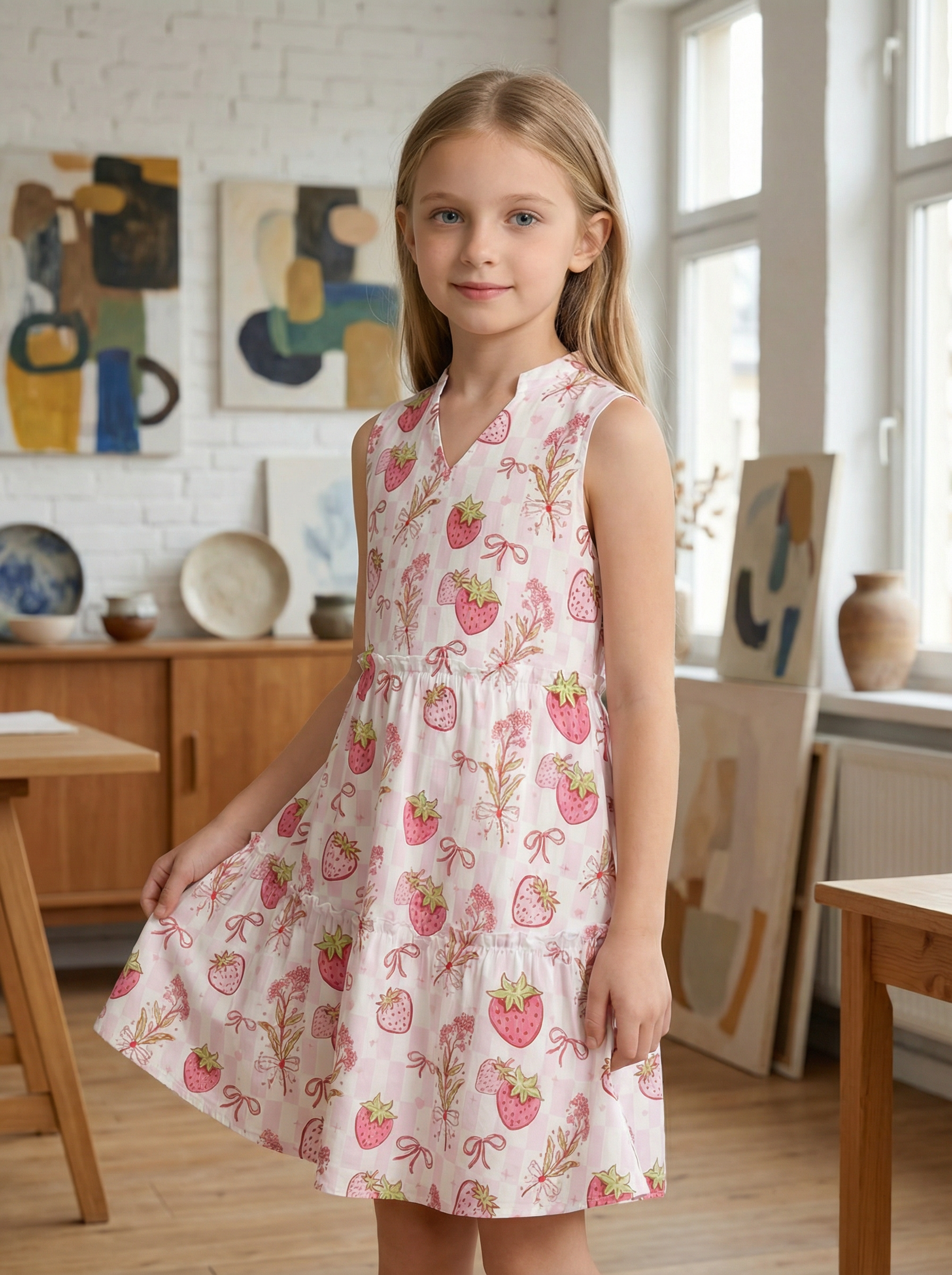 Wholesale Strawberry Print Girls Dress Sleeveless V-Neck A-Line Summer Toddler Dress Custom OEM